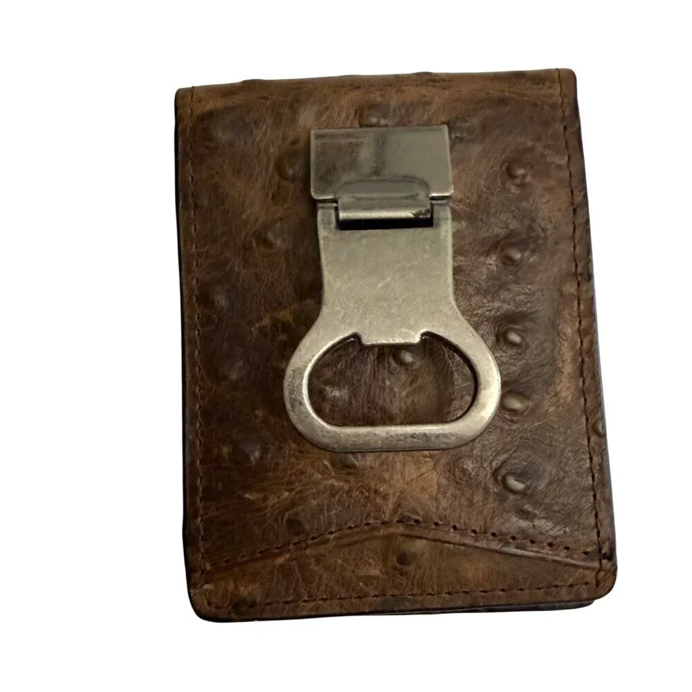 Nocona Men's Bi-Fold Wallet Bottle Opener Clip Distressed Ostrich Leather Brown